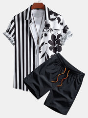 Blumen Streifen Patchwork Print Knopfleisten Hemd & Badeshorts – Schwarz