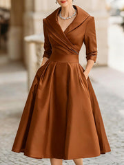 Satin-Midi-Kleid für Damen | A-Linie mit Schalkragen – Orange