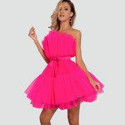Trägerloses Tüllkleid mit mehrlagigem Rock - Arvani – Heißes Rosa