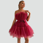 Trägerloses Tüllkleid mit mehrlagigem Rock - Arvani – Bordeaux-Rose