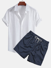 Leinenoptik Baumwollhemd mit Knopfleiste & gestreifte Swim Shorts mit Print – Weiß