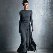 Damen-Maxikleid im Wickelstil, gestrickt, mit Knopf – Grau