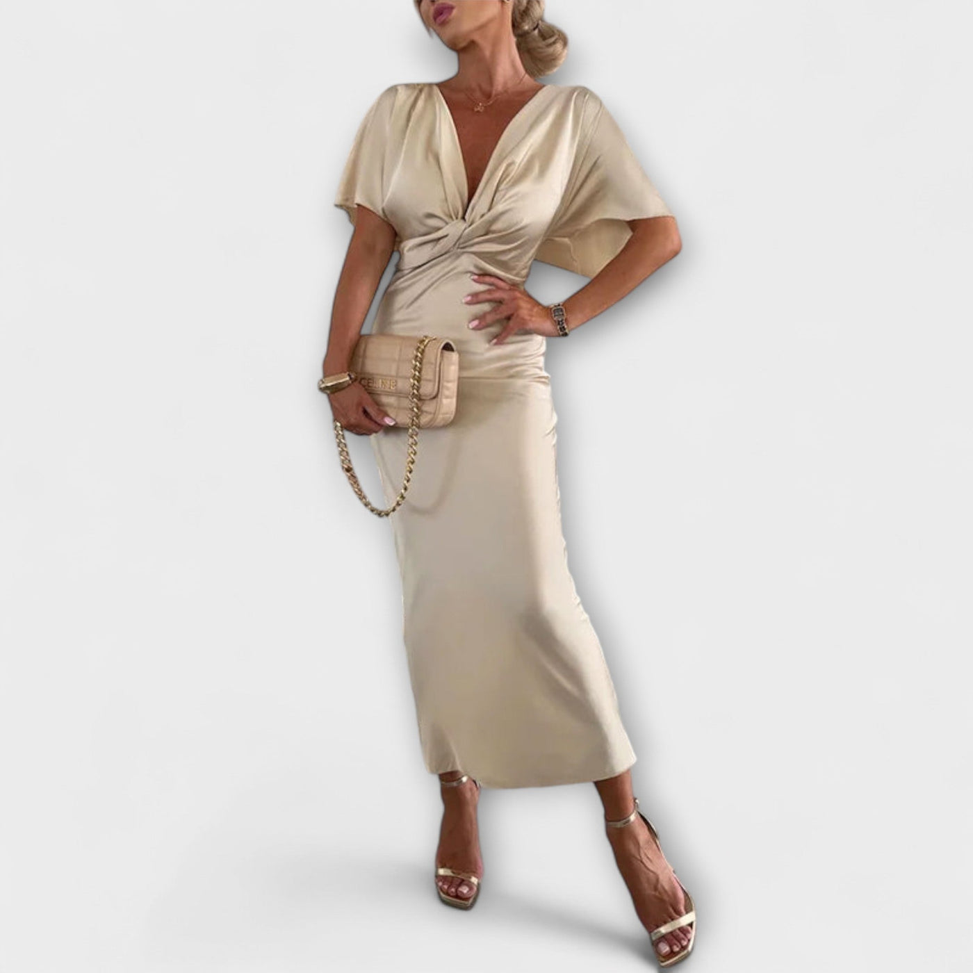 Sable - Solides Satin V-Ausschnitt Kreuzknoten Slim Fit Maxi Kleid