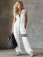 Damen Ärmelloser Langer Jumpsuit - Hoodie Gestreiftes Casual Outfit – Weiß