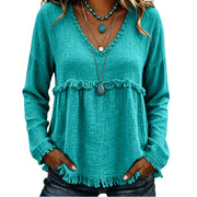 Ariselle - Bluse mit Fransenbesatz und V-Ausschnitt – Smaragd