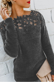 lässiger Spitzen-Ausschnitt langärmeliger Pullover – Grau