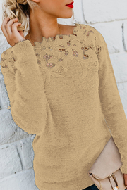lässiger Spitzen-Ausschnitt langärmeliger Pullover – Khaki