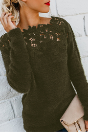 lässiger Spitzen-Ausschnitt langärmeliger Pullover – Olivegrün