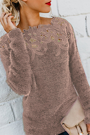 lässiger Spitzen-Ausschnitt langärmeliger Pullover – Grau Rosa