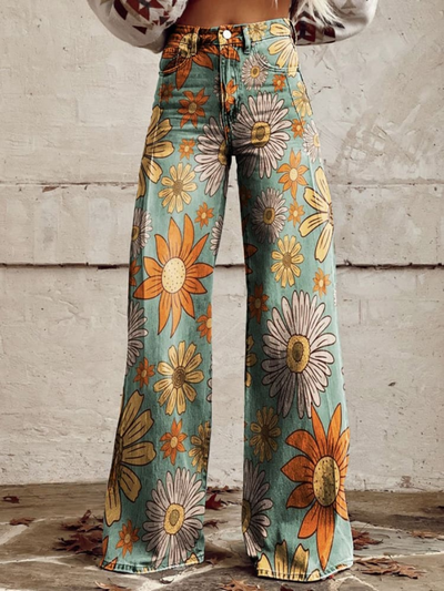 Weit geschnittene Jeans | High Waist | Blumenprint im Retro-Look