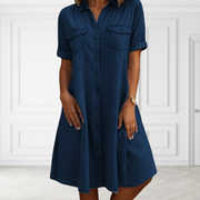 Lea | Feminines Damen Denim-Kleid modern und stilvoll – Mitternachtsblau (Metallknöpfe)