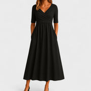 Midi-Kleid für Damen, Wickelkleid mit V-Ausschnitt und Taschen – Schwarz
