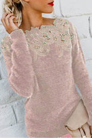 lässiger Spitzen-Ausschnitt langärmeliger Pullover – Rosa