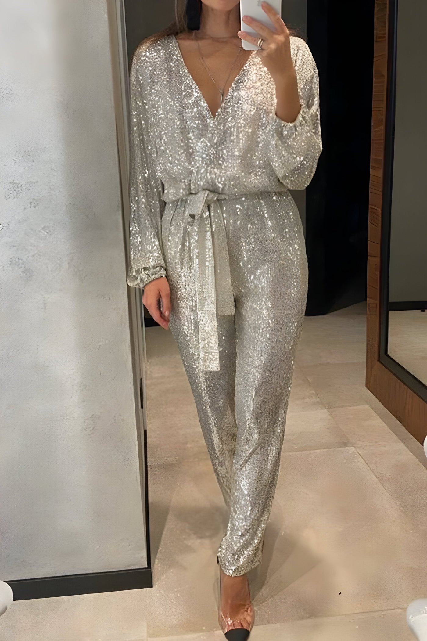 Lioren | Damen V-Ausschnitt Pailletten Jumpsuit