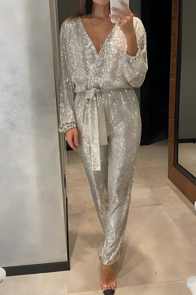 Lioren | Damen V-Ausschnitt Pailletten Jumpsuit