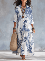 Thealise - Leichtes, geblümtes Maxikleid mit Knopfleiste vorn – Marineblau