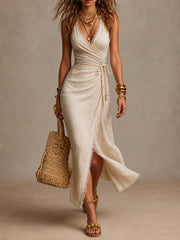 Maevina - Romantisches Midi-Wickelkleid aus Leinen – Beige