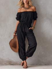 Neralia - Leichter schulterfreier Jumpsuit – Schwarz