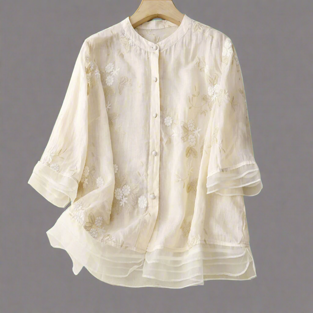 Roswitha | Baumwolltop mit floralem Rand aus hochwertigem Material für den Frühling