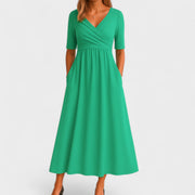 Midi-Kleid für Damen, Wickelkleid mit V-Ausschnitt und Taschen – Grün