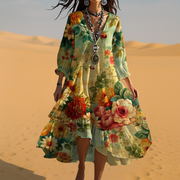 Damen Vintage Blumen Boho Kleid Mit Schwung – Gelb