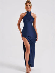 ZEYNEP | Elegantes Satin-Maxikleid mit Halter-Ausschnitt – Marineblau