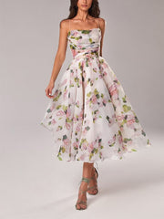Belle | Damen Midi-Kleid Träger Rosenprint Ausgestellter Rock – Rosa