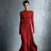 Damen-Maxikleid im Wickelstil, gestrickt, mit Knopf – Burgunderrot