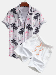 Palm Tree Flamingo Print Button Up Shirt & Swim Shorts – Weiß