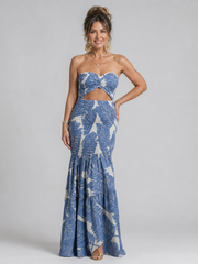 Azaria | Schulterfreies zweiteiliges Maxikleid-Set mit Print – Blau
