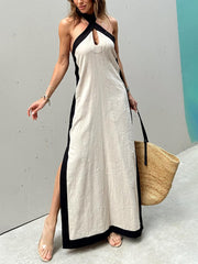 Halterneck Maxikleid mit Schlitz und Colorblock-Design – Beige