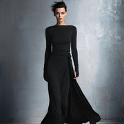 Damen-Maxikleid im Wickelstil, gestrickt, mit Knopf – Schwarz