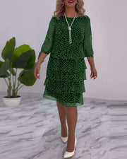 Vivian | Damen Chiffonkleid Gepunktet Lagen-Rock ¾ Arm – Grün