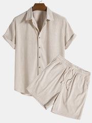 Kurzärmeliges Corduroy Hemd mit Knöpfen & Shorts – Beige