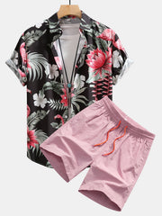 Flamingo-Blumenmuster Hemd mit Knopfleiste und Shorts zum Schwimmen – Hellrosa