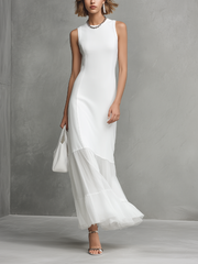 Elegantes weißes Midikleid mit Chiffon-Volantsaum – Weiß