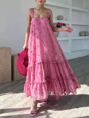 Blake | Blumendekor hübsches A-Linien, gestuftes, lockeres Maxikleid – Rosa