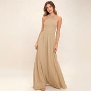 Suzanne - Elegantes Maxikleid mit überkreuztem Ausschnitt – Beige
