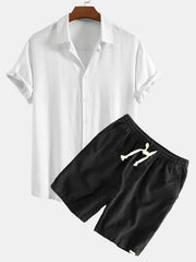 Hemd aus Leinen-Viskose-Mischung mit Knöpfen & Shorts aus Leinen-Baumwoll-Mischung mit Kordelzug – Weiß
