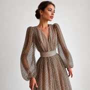 Emina - Elegantes Kleid mit V-Ausschnitt und langen Ärmeln – Khaki