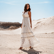 Flossie - Elegantes Maxikleid mit V-Ausschnitt und hoher Taille – Beige