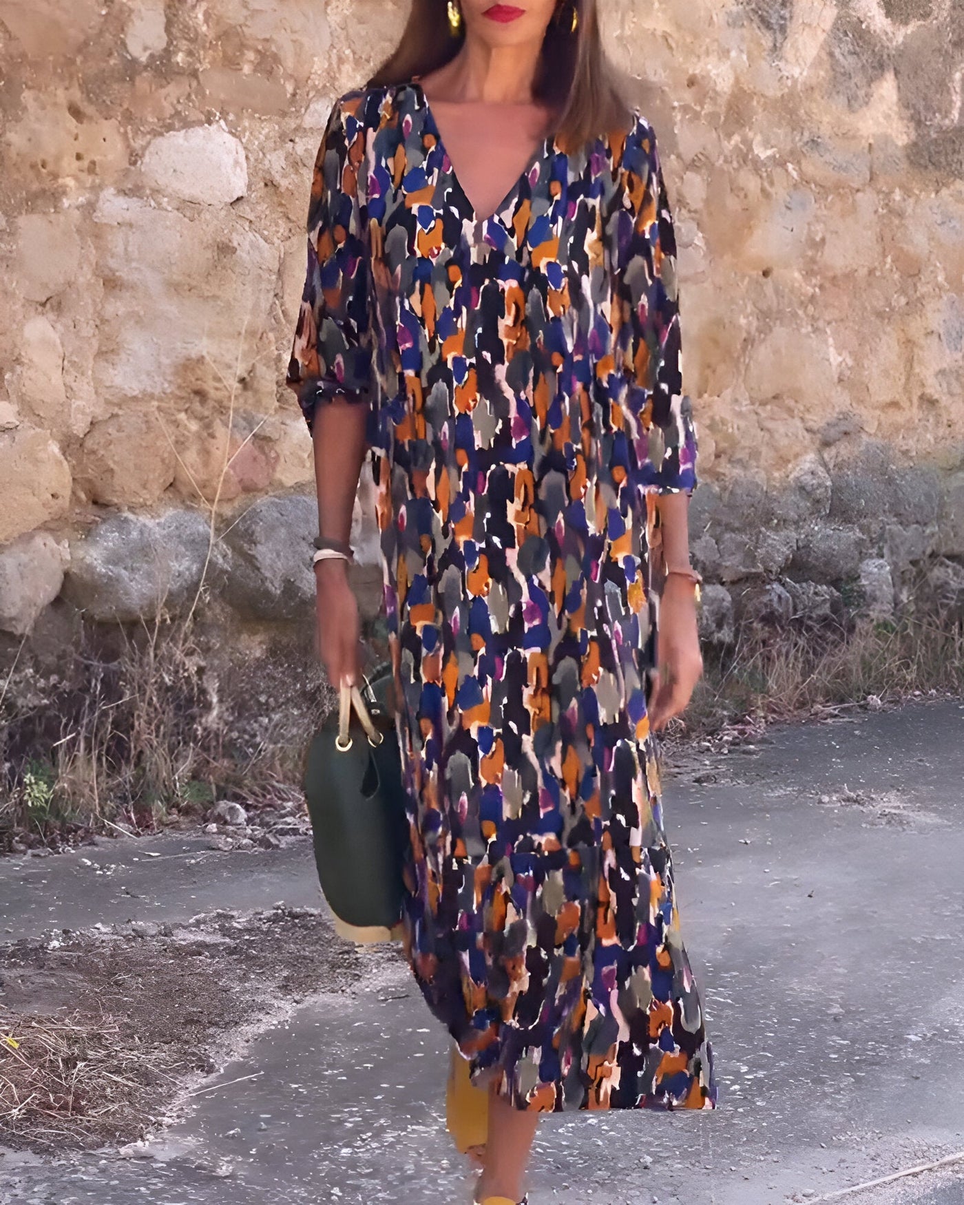 Damen-Midikleid mit abstraktem Muster und V-Ausschnitt