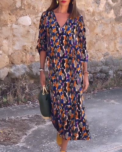 Damen-Midikleid mit abstraktem Muster und V-Ausschnitt