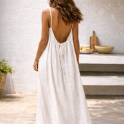 Sienna | Damen Trägerkleid Maxi Lang Leinen Sommer Strandkleid – Weiß
