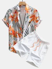 Hemd mit Blumenpflanzenmuster und Knopfleiste sowie Shorts zum Schwimmen – Weiß