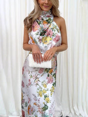 Maxikleid mit Neckholder, floralem Muster und elastischer Taille – Weiß