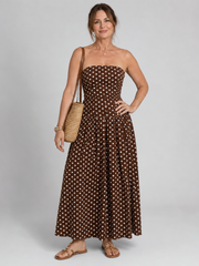Sorien | Schulterfreies Midikleid mit Punktemuster – Braun