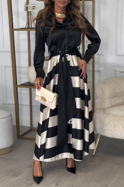 Hemdblusenkleid mit Gürtel | Streifendesign | Satin-Finish