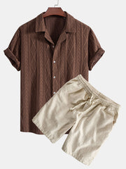 Geometrisches Jacquard Eyelet Cuban Hemd & Shorts aus Leinen-Baumwoll-Mischung – Beige
