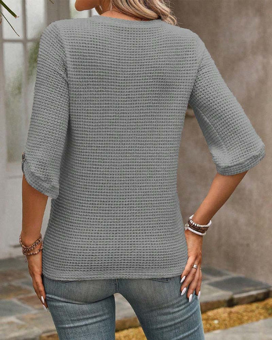 Einfarbiges Top mit Waffelmuster und Rundhalsausschnitt
